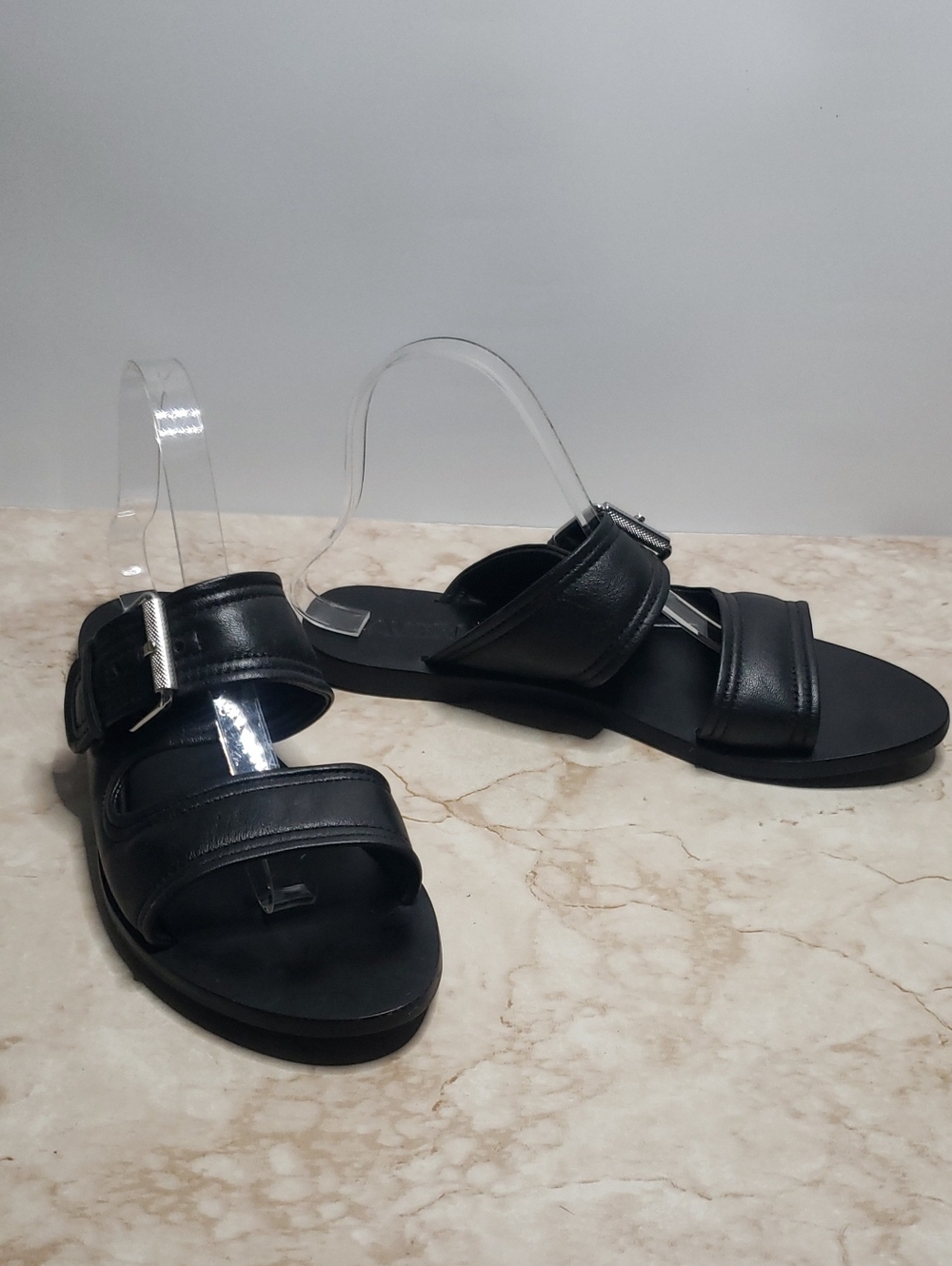 Caverley Women's Black Leather Double-Strap Slide Sandals 40
